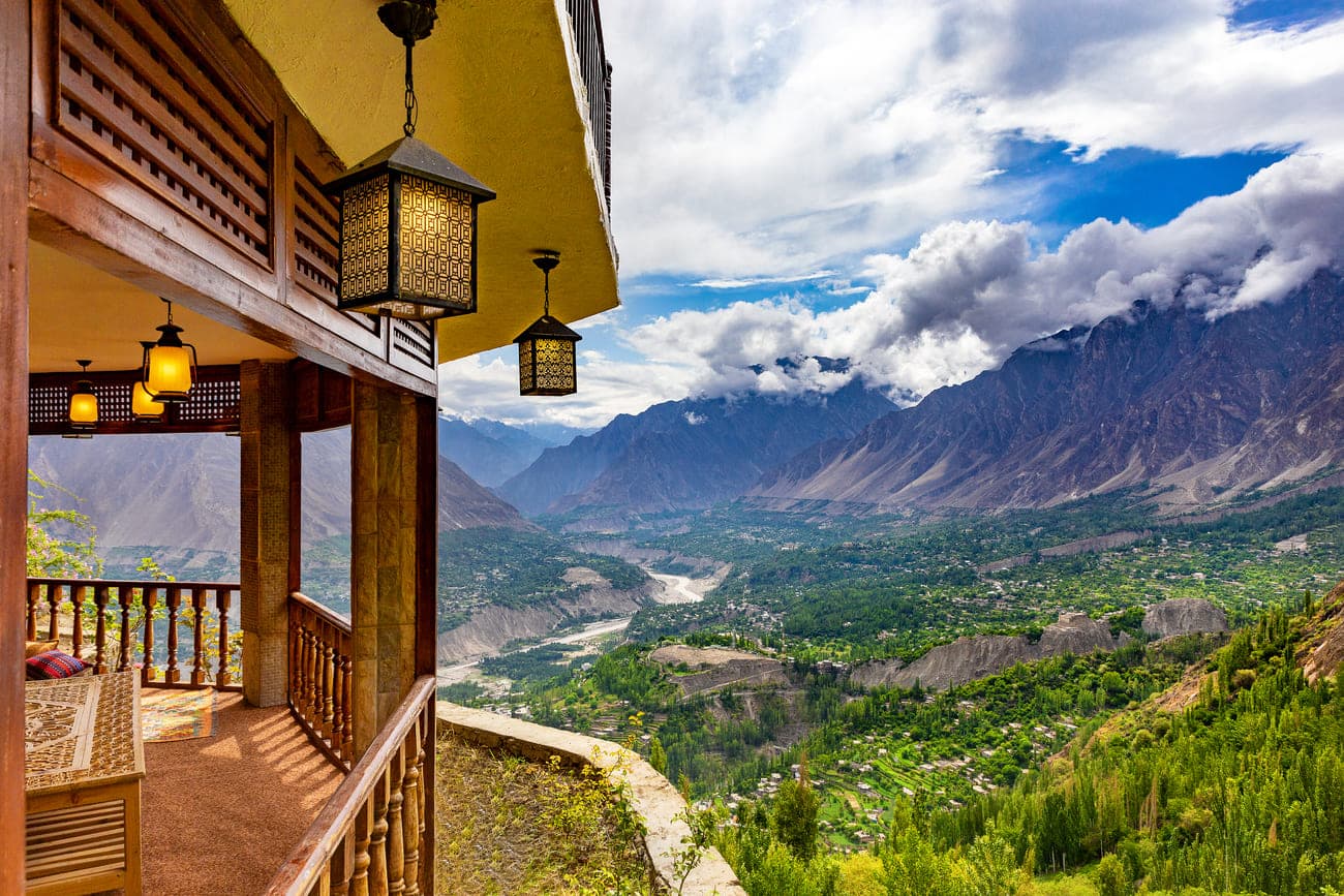 Outdoor terrace corner overlooking Hunza valley